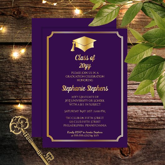 Elegante Lila Graduiertenparty Gold Folieneinladung