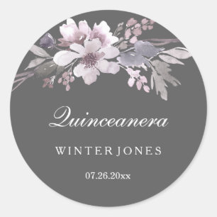 Elegante lila graue Blumen-Quinceanera-Aufkleber Runder Aufkleber