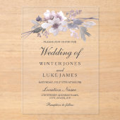 Elegante Lila-Graue Winterblumenhochzeit Acryleinladungen (Vorderseite)