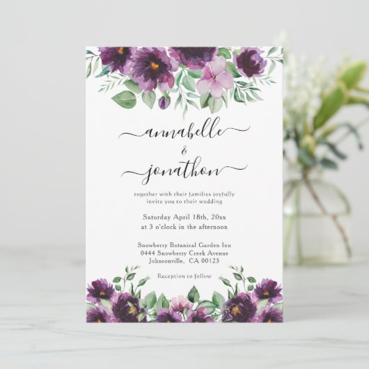 Elegante Lila Grüne Hochzeit Einladung (Stehend Vorderseite)