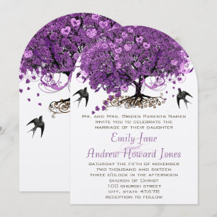 Elegante Lila Heart Leaf Tree Wedding Einladung