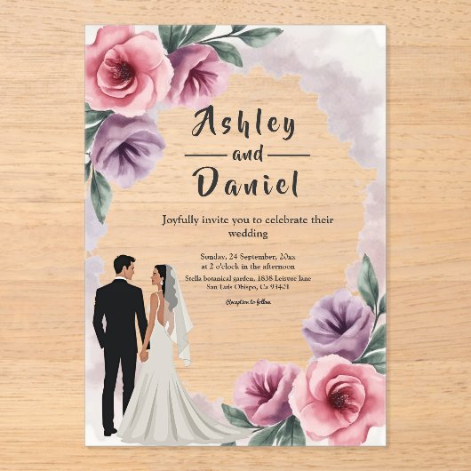 Elegante Lila Hochzeit der Wasserfarben Acryleinladungen (Vorderseite)