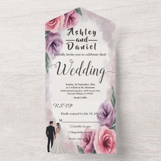 Elegante Lila Hochzeit der Wasserfarben All In One Einladung (Innen Boden)