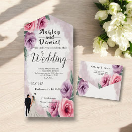 Elegante Lila Hochzeit der Wasserfarben All In One Einladung