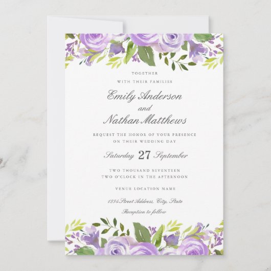 Elegante Lila Hochzeit der Wasserfarben Einladung (Vorderseite)