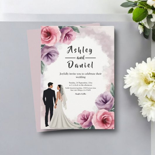 Elegante Lila Hochzeit der Wasserfarben Einladung