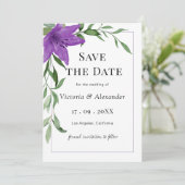 Elegante Lila Hochzeit der Wasserfarben Save The Date (Stehend Vorderseite)