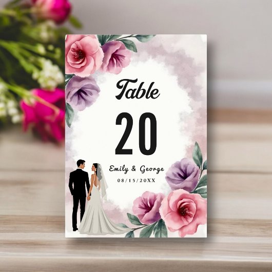 Elegante Lila Hochzeit der Wasserfarben Tischnummer