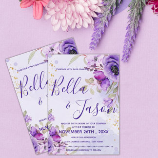 Elegante Lila Hochzeit mit blauen Wasserfarben Einladung