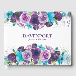 Elegante Lila Hochzeit mit blauen Wasserfarben Gästebuch