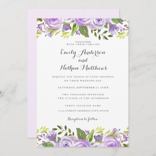 Elegante Lila Hochzeit mit floraler Rose Einladung (Vorne/Hinten)