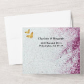 Elegante Lila Hochzeit mit Glitzer & Gold Butterfl All In One Einladung (Rückseite)