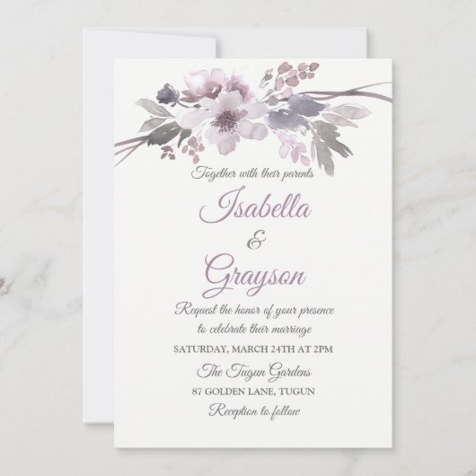 Elegante Lila Hochzeit mit grauer Flora Einladung (Vorderseite)