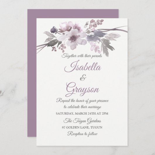 Elegante Lila Hochzeit mit grauer Flora Einladung (Vorne/Hinten)