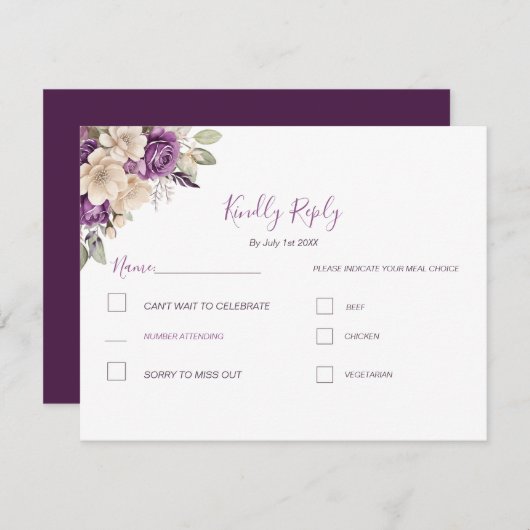 Elegante Lila Hochzeit und Hochzeit der Elfenbeink RSVP Karte (Vorne/Hinten)