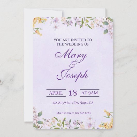 Elegante Lila Hochzeitsfeier Einladung (Vorderseite)