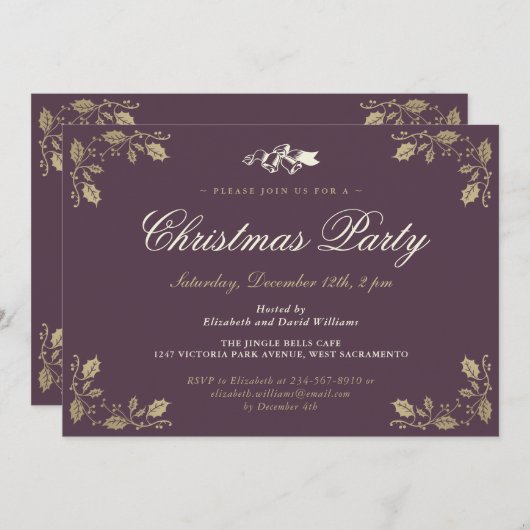 Elegante Lila Holly Bells Weihnachtsfeier Einladung (Vorne/Hinten)