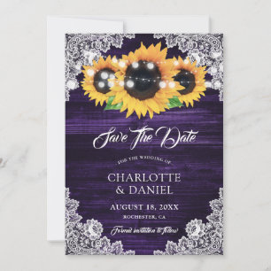 Elegante lila Holz-Blumen-Spitze Sonnenblume Hochz Save The Date