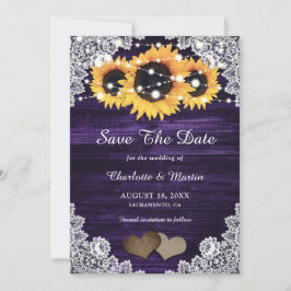 Elegante Lila Holzlace Hearts Sonnenblumen Hochzei Save The Date