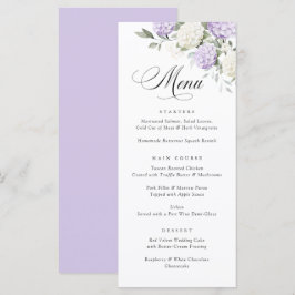 Elegante lila Hortensien-Grün-Hochzeitsmenü Menükarte