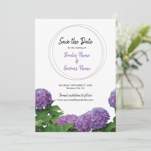 Elegante Lila Hydrangea-Hochzeit rettet das Datum Save The Date (Stehend Vorderseite)