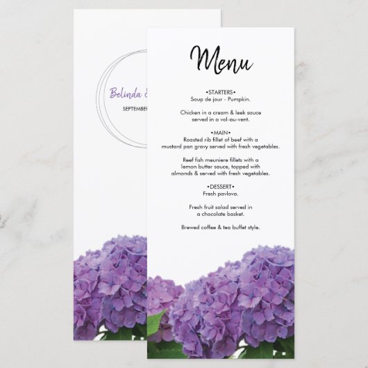 Elegante Lila Hydrangea Wedding Menükarte (Vorne/Hinten)