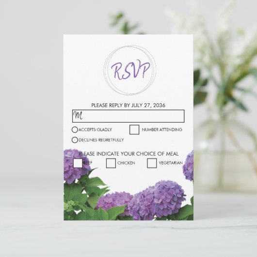 Elegante Lila Hydrangea Wedding RSVP Cards Karte (Stehend Vorderseite)