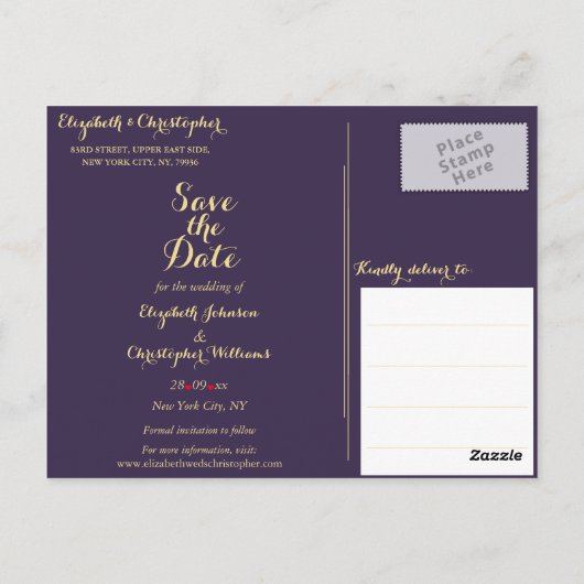Elegante Lila Imitate Gold-Hochzeit speichern Sie Postkarte (Rückseite)