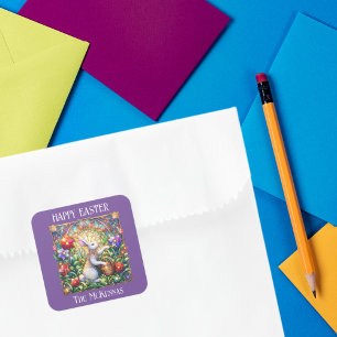 Elegante Lila Jugendstil Bunny Garden Ostern Quadratischer Aufkleber