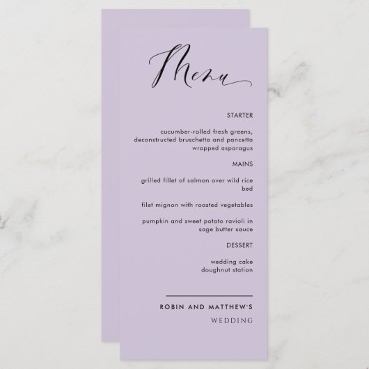 Elegante Lila, kalligraphische Hochzeit / Empfang Menükarte (Vorne/Hinten)
