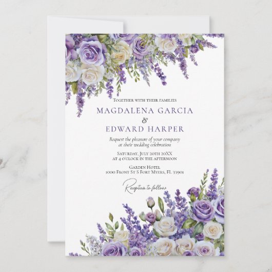 Elegante Lila Lavendel Rose Blumenzehen Einladung (Vorderseite)