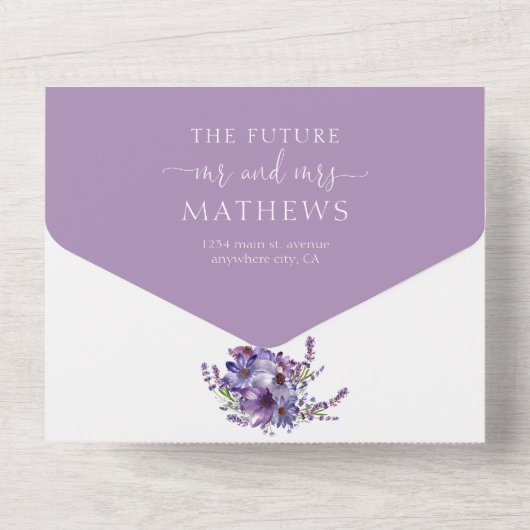 Elegante Lila Lavendel Wasserfarben All In One Einladung (Rückseite)