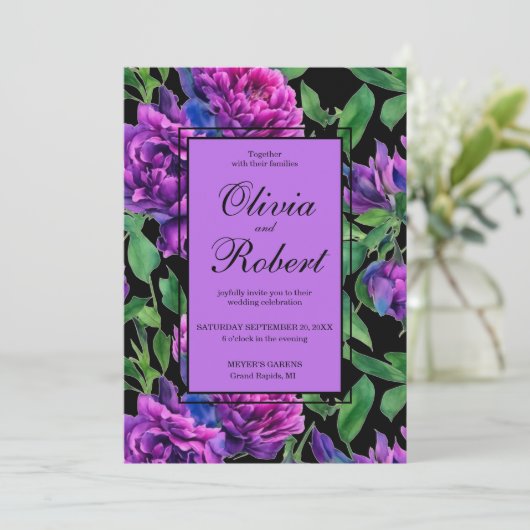 Elegante lila Magenta Wasserfarbenflora Hochzeit Einladung (Stehend Vorderseite)