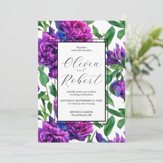 Elegante lila Magenta Wasserfarbenflora Hochzeit Einladung (Stehend Vorderseite)