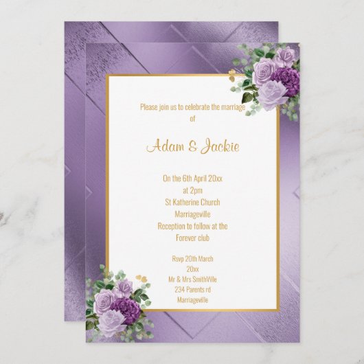 ELEGANTE LILA METALLIKISCHE ROSE EUCALYPTUS WEDD EINLADUNG (Vorne/Hinten)