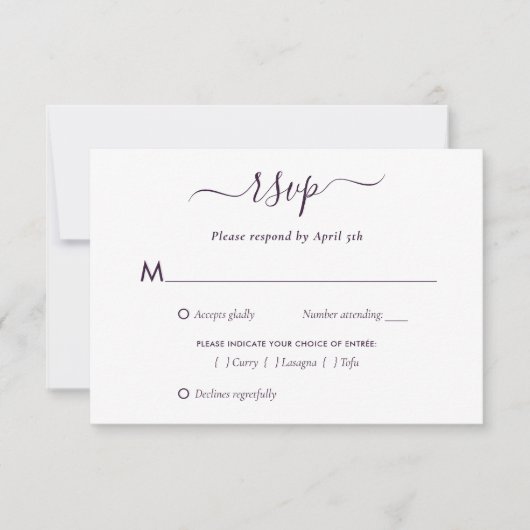 Elegante Lila, moderne Script Wedding RSVP Card (Vorderseite)