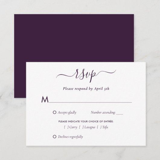 Elegante Lila, moderne Script Wedding RSVP Card Karte (Vorne/Hinten)