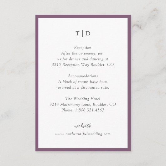 Elegante Lila Monogram Moderne Hochzeit Begleitkarte (Vorderseite)