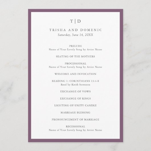Elegante Lila Monogram Moderne Hochzeit Programm (Vorderseite)