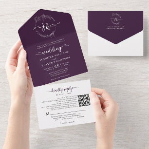Elegante Lila Monogram QR-Hochzeit All In One Einladung