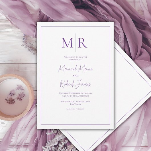 Elegante lila Monogramm-Hochzeit Einladung