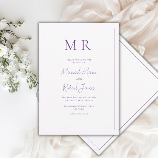 Elegante lila Monogramm-Hochzeit Einladung