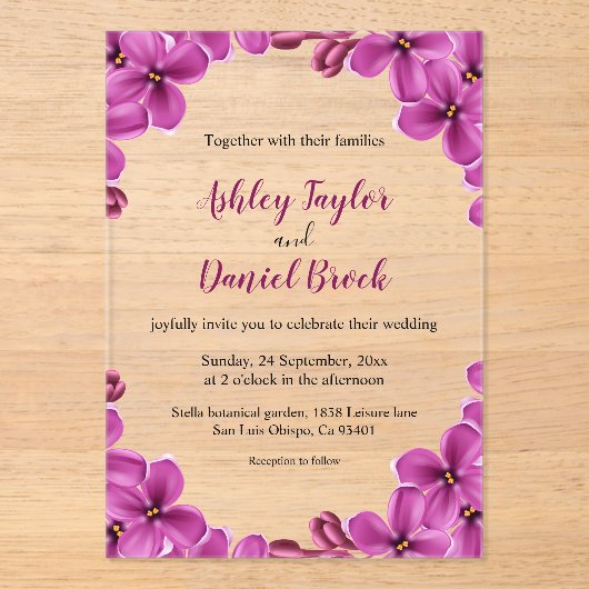 Elegante Lila Orchideen-Rose Sommerblumenhochzeit Acryleinladungen (Vorderseite)