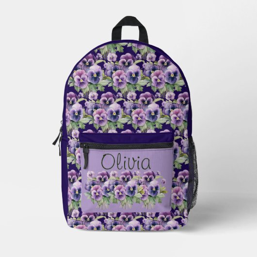 Elegante Lila Pansy Stiefmütterchen Bedruckter Rucksack (Vorderseite)