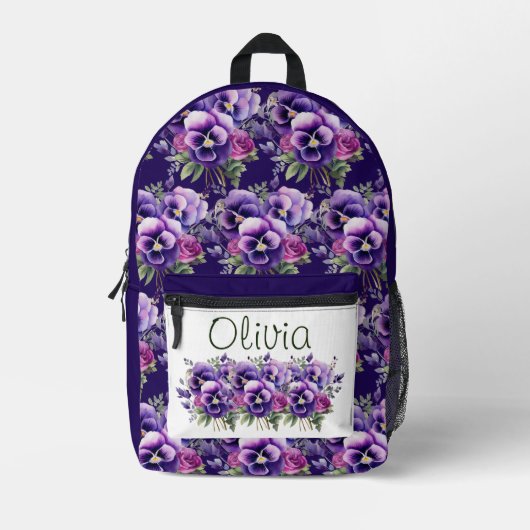 Elegante Lila Pansy Stiefmütterchen Bedruckter Rucksack (Vorderseite)