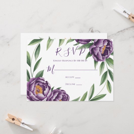 Elegante Lila Peonies Wedding RSVP Card Einladung (Vorderseite/Rückseite Beispiel)
