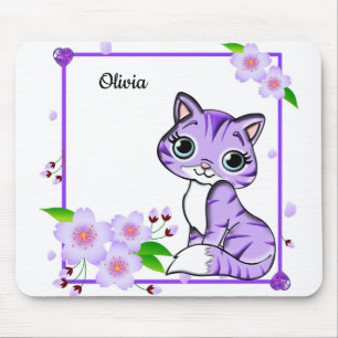 Elegante Lila Peony-Blume und Lila Niedliche Katze Mousepad