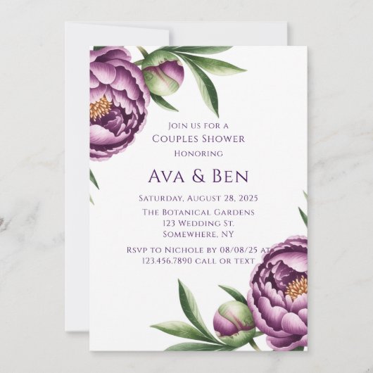 Elegante Lila Peony Floral Couples Dusche Einladung (Vorderseite)