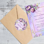 Elegante, lila Pfingstpöne Runder Aufkleber<br><div class="desc">Elegantes lila Hochzeitsgeschirr personalisierte Etiketten Aquarell-Brautparty lila Pfannkuchen und Wisteria Blume Blüten Etiketten</div>