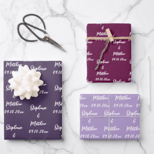 Elegante lila Pflaumen-Braut Bräutigam-Namen Hochz Geschenkpapier Set